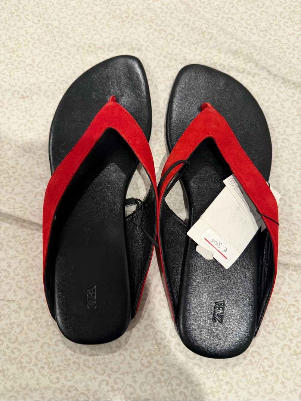 Zara Red Suede and Black Footbed Women's Thong Sandals